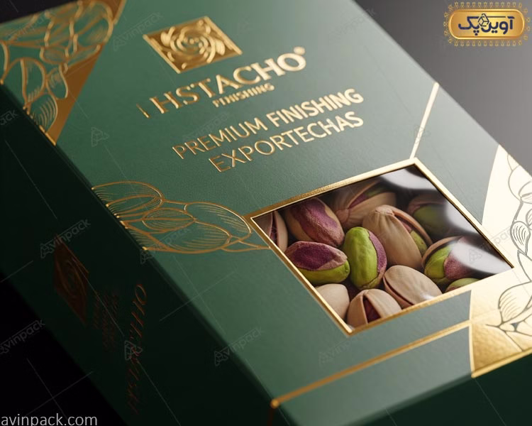 جعبه بسته بندی طلق دار پسته با طلاکوب و سلفون براق بوکس