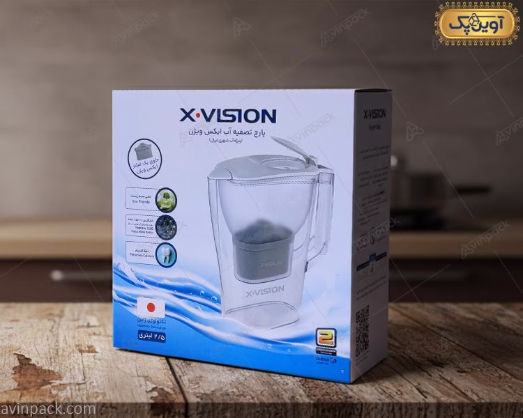 جعبه بسته بندی پارچ تصفیه آب ایکس ویژن: راهنمای کارتن، چاپ و مدل ساخت